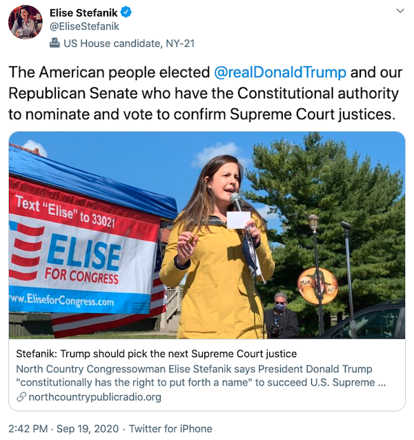 Elise standing by Trump in his SCOTUS pick