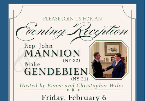 Event Graphic: Please join us for an evening reception with Rep. John Mannion and Blake Gendebien