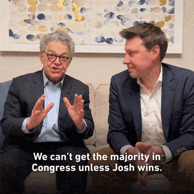 GIF of Al Franken saying, “We can’t get the majority in Congress unless Josh wins,” followed by Josh Riley saying, “We really need this race to take the House.”