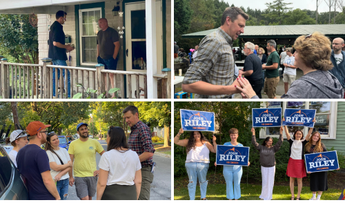 Photos of Josh talking to voters around the district 