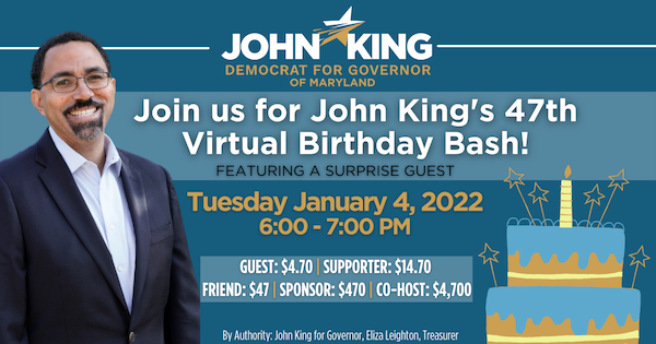 Image of John King with text: Join us for John's 47th virtual birthday bash! Tuesday, January 4th 2022. 6-7 pm.