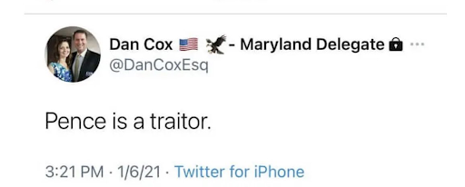 Image of tweet from Dan Cox: Pence is a traitor