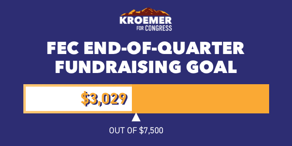 FEC end-of-quarter fundraising goal progress bar that shows $3,029 raised out of the $7,500 goal