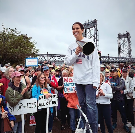 Stefany Shaheen speaking to a crowd