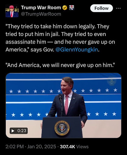 "They tried to take him down legally. They tried to put him in jail. They tried to even assassinate him - and he never gave up on America," says Gov. @GlennYoungkin "And America, we will never give up on him"