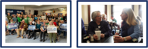 Framed photos of: Virginia voters holding Abigail campaign signs/Abigail talking to a voter