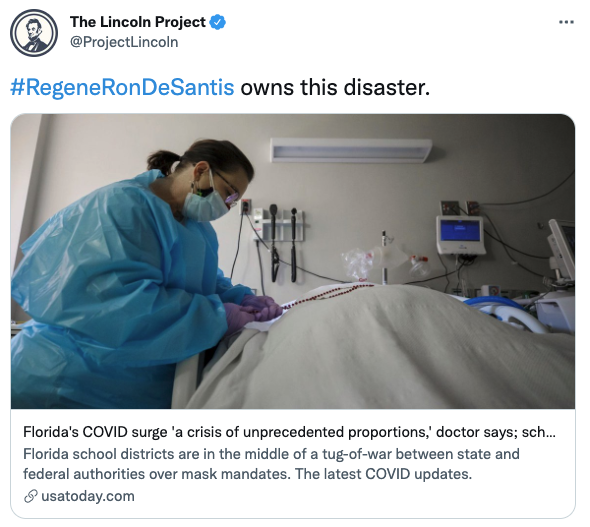 The Lincoln Project blames Ron DeSantis for the worsening of the pandemic