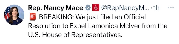Rep. Nancy Mace on X: BREAKING: We just filed an Official Resolution to Expel Lamonica McIver from the U.S. House of Representatives.
