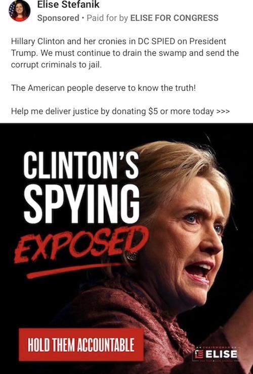 Image of Elise Stefanik's Facebbok ad about Hilary Clinton