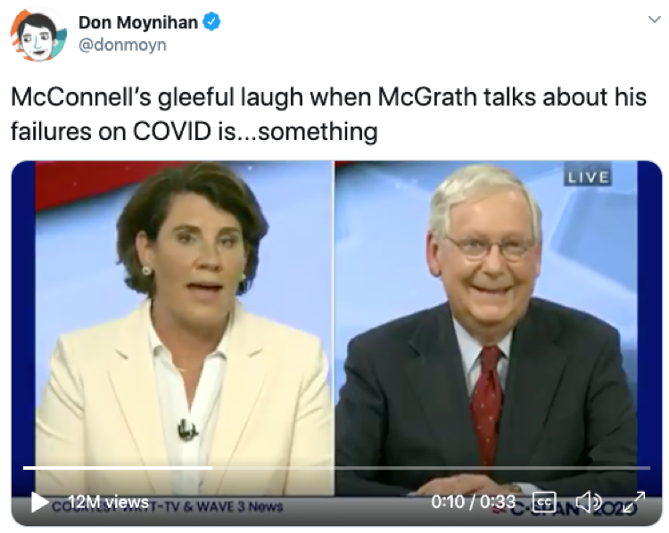 Mitch McConnell laughs at Amy McGrath during a Kentucky Senate debate