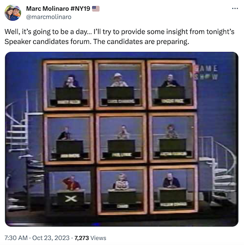 Marc Molinaro tweet that says "Well, it's going to be a day… I'll try to provide some insight from tonight's Speaker candidates forum. The candidates are preparing." followed by a photo from a game show