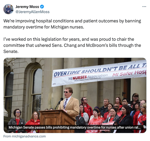 Jeremy Moss tweet about the nurses bill being passed