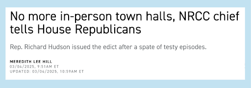 No more in person town halls, NRCC chief tells House Republicans - Rep. Richard Hudson issued the edict after a spate of testy episodes.
