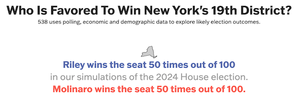 "Riley wins the seat 50 times out of 100 in our simulations of the 2024 House election. Molinaro wins the seat 50 times out of 100."