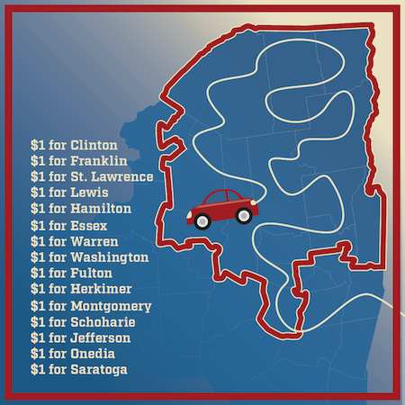 $1 for Clinton | $1 for Franklin | $1 for St. Lawrence | $1 for Lewis | $1 for Hamilton | $1 for Essex | $1 for Warren | $1 for Washington | $1 for Fulton | $1 for Herkimer | $1 for Montgomery | $1 for Schoharie | $1 for Jefferson | $1 for Oneida | $1 for Saratoga