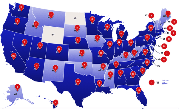 Map of number of athletes from each state