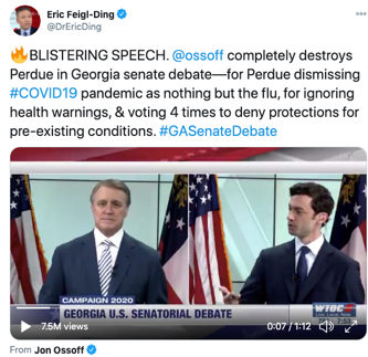 BLISTERING SPEECH. @ossoff  completely destroys Perdue in Georgia senate debate—for Perdue dismissing #COVID19 pandemic as nothing but the flu, for ignoring health warnings, & voting 4 times to deny protections for pre-existing conditions.