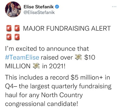 Image of Tweet from Stefanik announcing her raising 10 million dollars