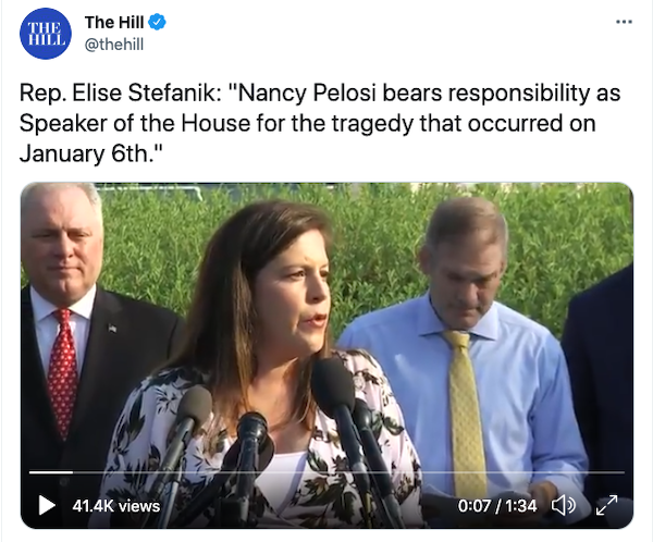 Elise Stefanik claims Nancy Pelosi is responsible for the Jan 6 insurrection.