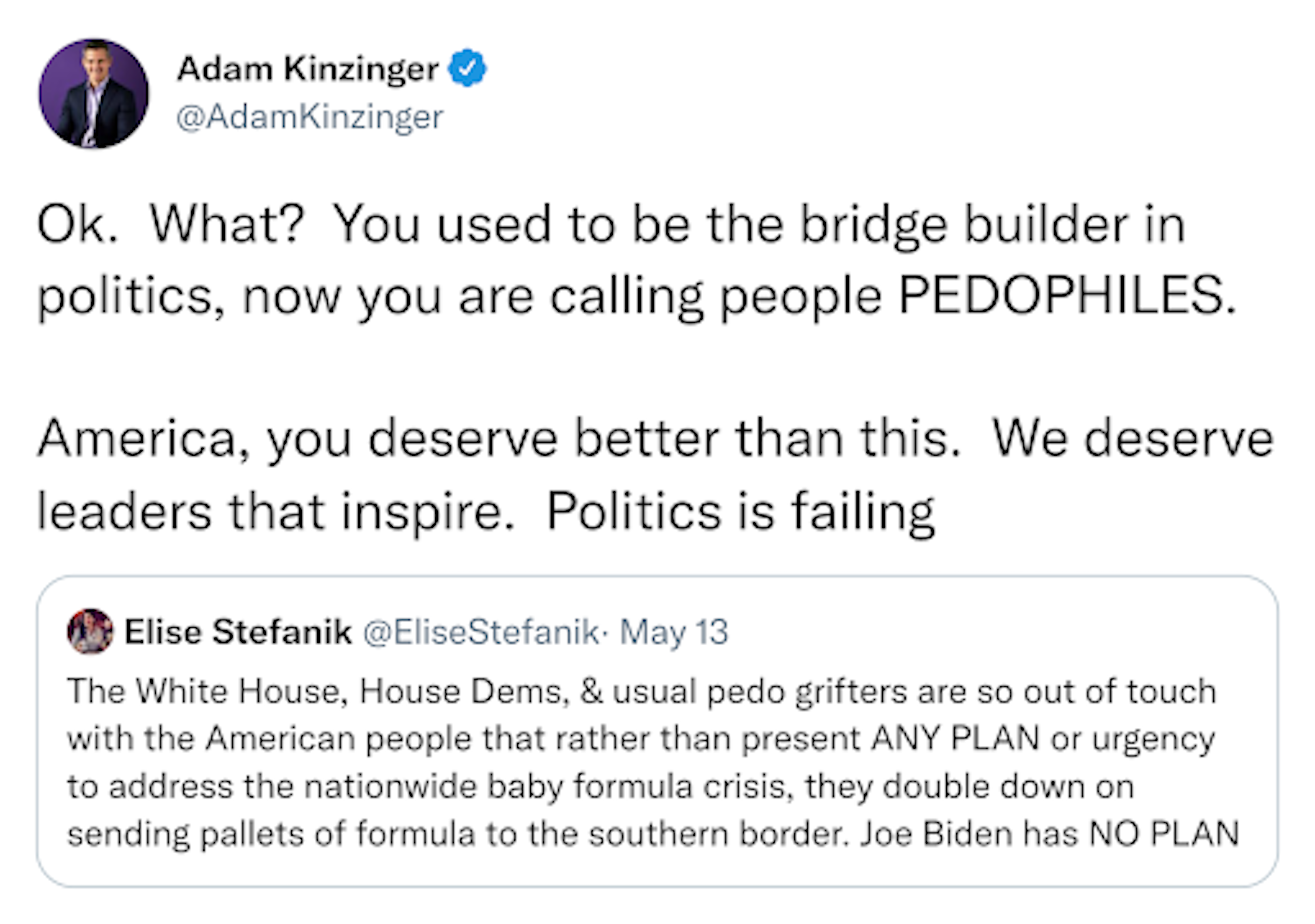 Kinzinger Tweets to Stefanik: "Ok. What? You used to be the bridge builder in politics, now you are calling people PEDOPHILES. America, you deserve better than this. We deserve leaders that inspire. Politics is failing"