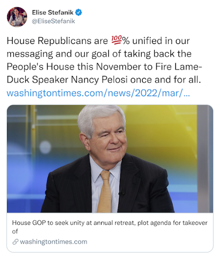 Elise Stefanik tweet that reads: "House Republicans are 100% unified in our messaging and our goal of taking back the People's House this November to Fire Lame-Duck Speaker Nancy Pelosi once and for all."