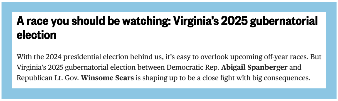 A race you should be watching: Virginia's 2025 gubernatorial election