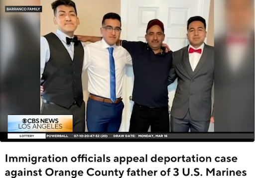 CBS News reporting on Narciso Barranco's case with the headline "Immigration officials appeal deportation case against Orange County father of 3 U.S. Marines