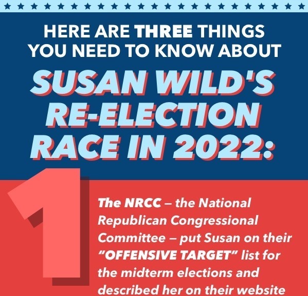 Here are three things you need to know about Susan Wild's re-election race in 2022: 1. The NRCC- the National Republican Congressional Committee- put Susan on their "OFFENSIVE TARGET" list for the midterm elections and described on their website