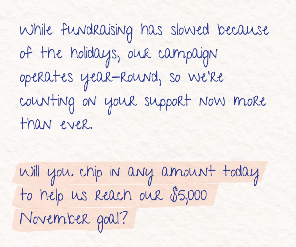 While fundraising has slowed because of the holidays, our campaign operates year-round, so we’re counting on your support now more than ever.  Will you chip in any amount today to help us reach our $5,000 November goal?