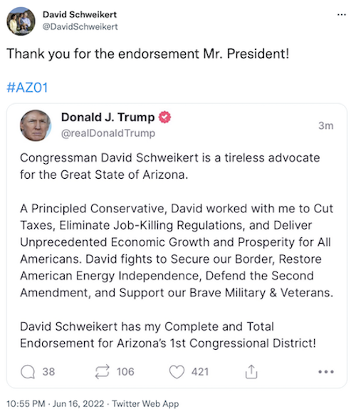 David Schweikert's tweet with a screenshot of Donald Trump endorsing him