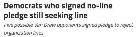 Headline: Democrats who signed no-line pledge still seeking line