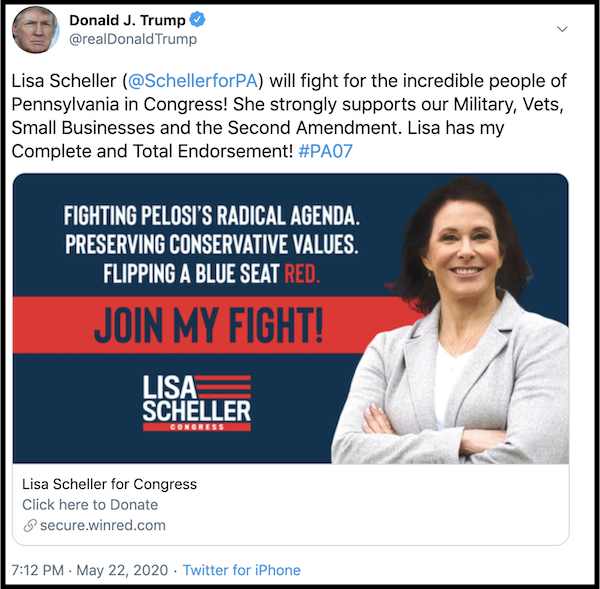 Trump Tweet: Lisa Scheller will fight for the incredible people of Pennsylvania in Congress! She strongly supports our Military, Vets, Small Businesses and the Second Amendment. Lisa has my Complete and Total Endorsement! #PA07