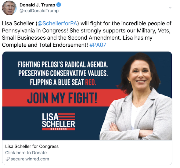 Trump Tweet: Lisa Scheller will fight for the incredible people of Pennsylvania in Congress! She strongly supports our Military, Vets, Small Businesses and the Second Amendment. Lisa has my Complete and Total Endorsement! #PA07