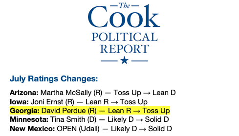 Cook Political Report: Georgia: David Perdue (R) — Lean R → Toss Up