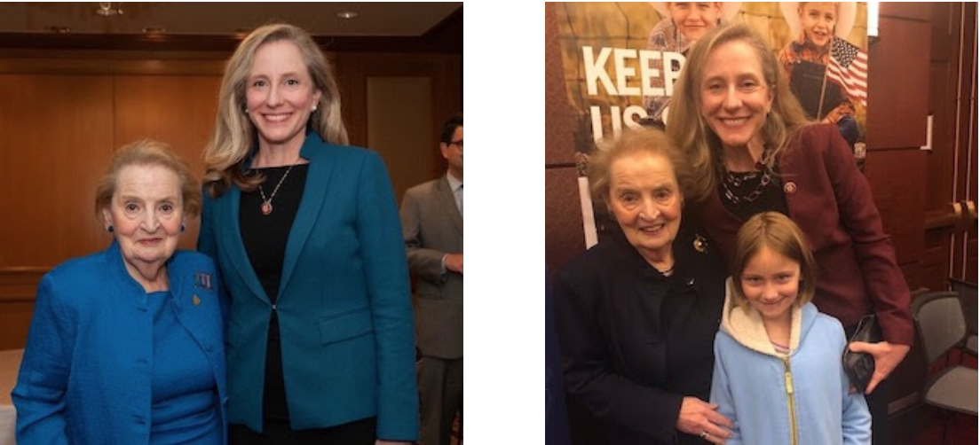 Abigail and Sec. Albright on the left; Abigail, her daughter, and Sec. Albright on the right