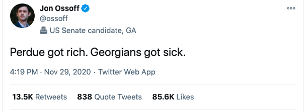 Jon Ossoff Twitter: "Perdue got rich. Georgians got sick."