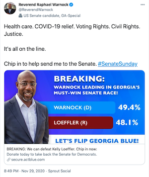 Warnock Tweet: Warnock leading in Georgia's must-win Senate Race!