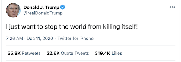 Donald Trump Twitter: "I just want to stop the world from killing itself!"