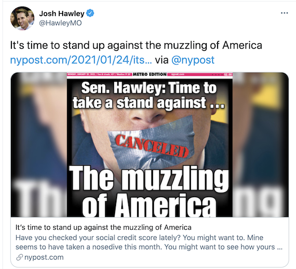 Josh Hawley Tweet promoting his New York Post op-ed