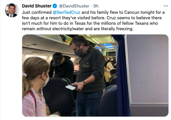 Ted Cruz on an airplane going to Cancun in Feb 17th. 