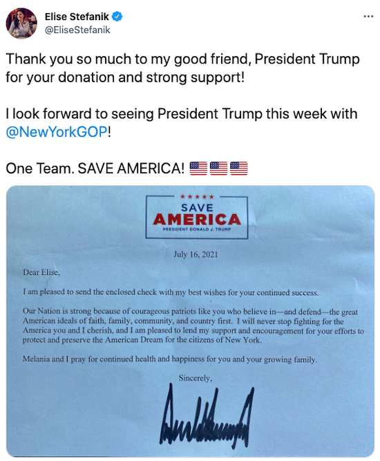 Trump's Letter to Stefanik — he's contributing to her campaign!