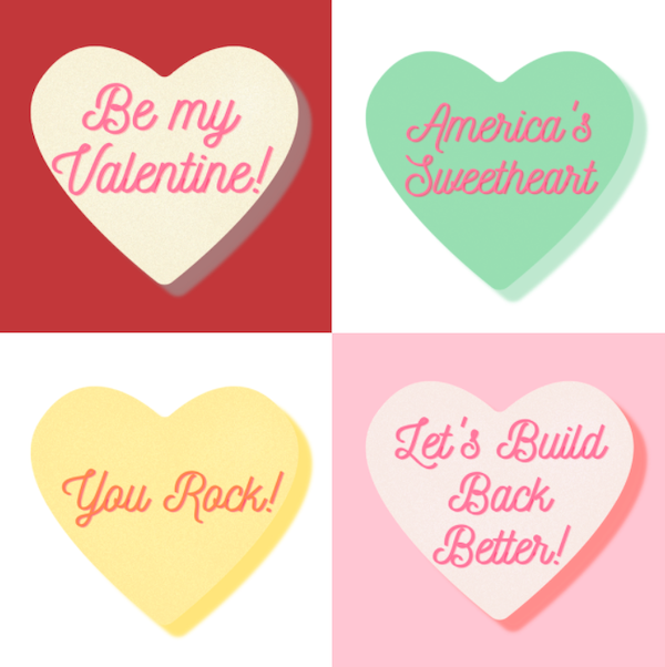 Graphic of four Valentine's candy hearts.