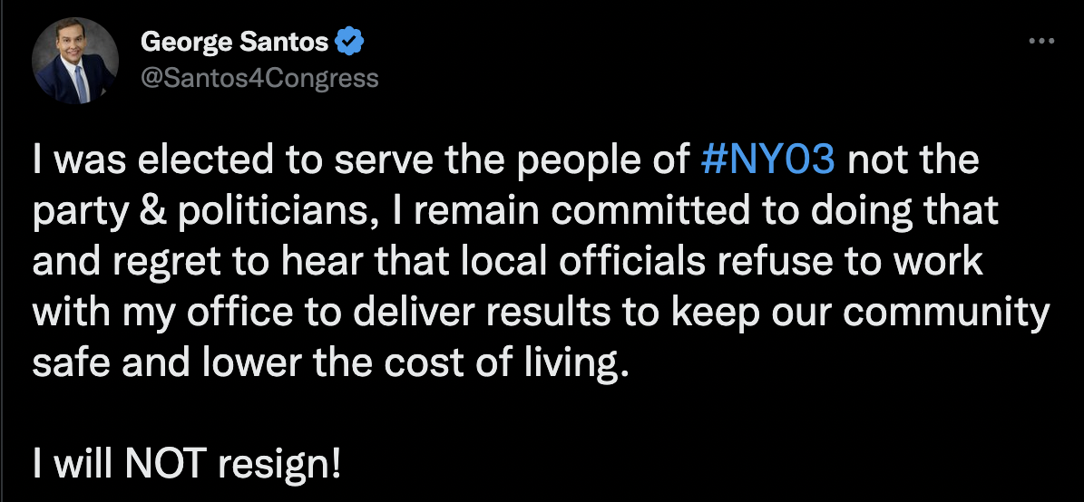 George Santos via Twitter: I was elected to serve the people of #NY03 not the party & politicians, I remain committed to doing that and regret to hear that local officials refuse to work with my office to deliver results to keep our community safe and low