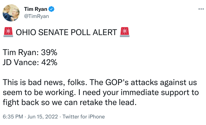 OHIO SENATE POLL ALERT TIM RYAN: 39% JD VANCE: 42%