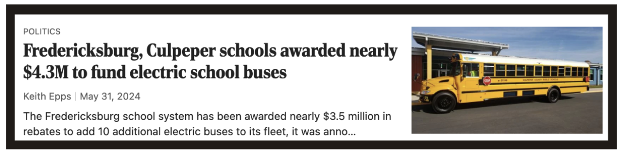 "Fredericksburg, Culpeper schools awarded nearly $4.3M to fund electric school buses" 