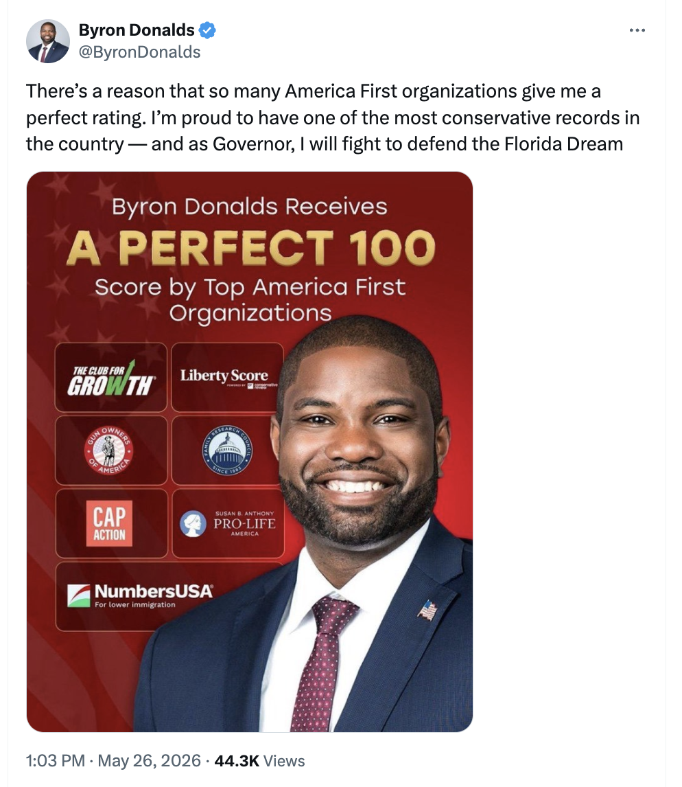 Byron Donalds perfect score Twitter screenshot