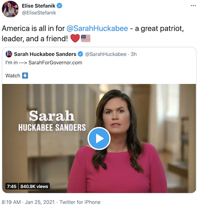Elise Stefanik re-tweeting Sara Sanders launch video