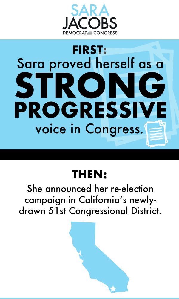 First: Sara proved herself as a strong progressive voice in Congress. Then: She announced her re-election campaign in California's newly-drawn 51st Congressional District.