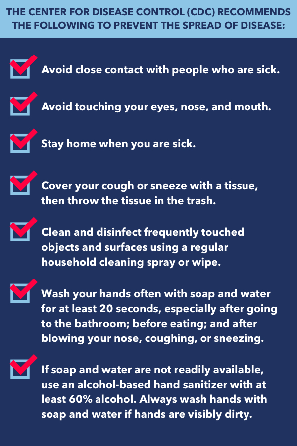 The Center for Disease Control (CDC) recommends the following to prevent the spread of disease: Avoid close contact with people who are sick. Avoid touching your eyes, nose, and mouth. Stay home when you are sick. Cover your cough or sneeze with a tissue.