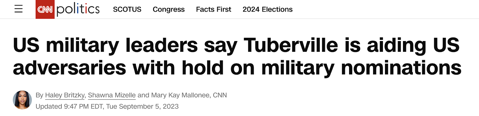 "US military leaders say Tuberville is aiding US adversaries with hold on military nominations" –CNN